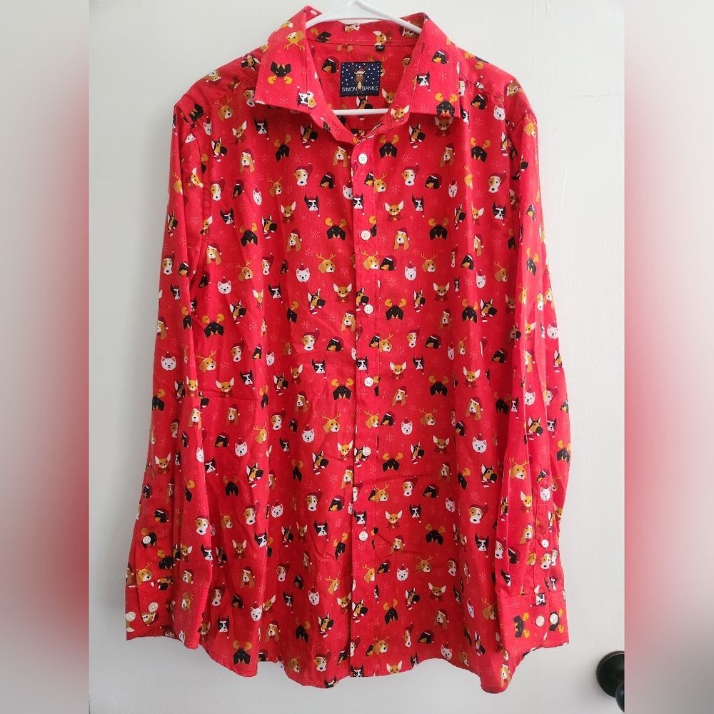 SIMON BANKS Dog Print Christmas Button Up Shirt Sz XL